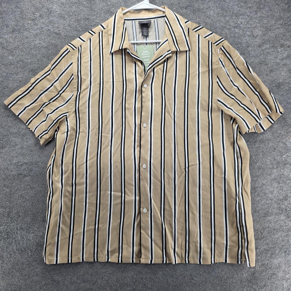 H&M Shirt Mens XL Beige Striped Short Sleeve Button Up Regular Fit Lyocell